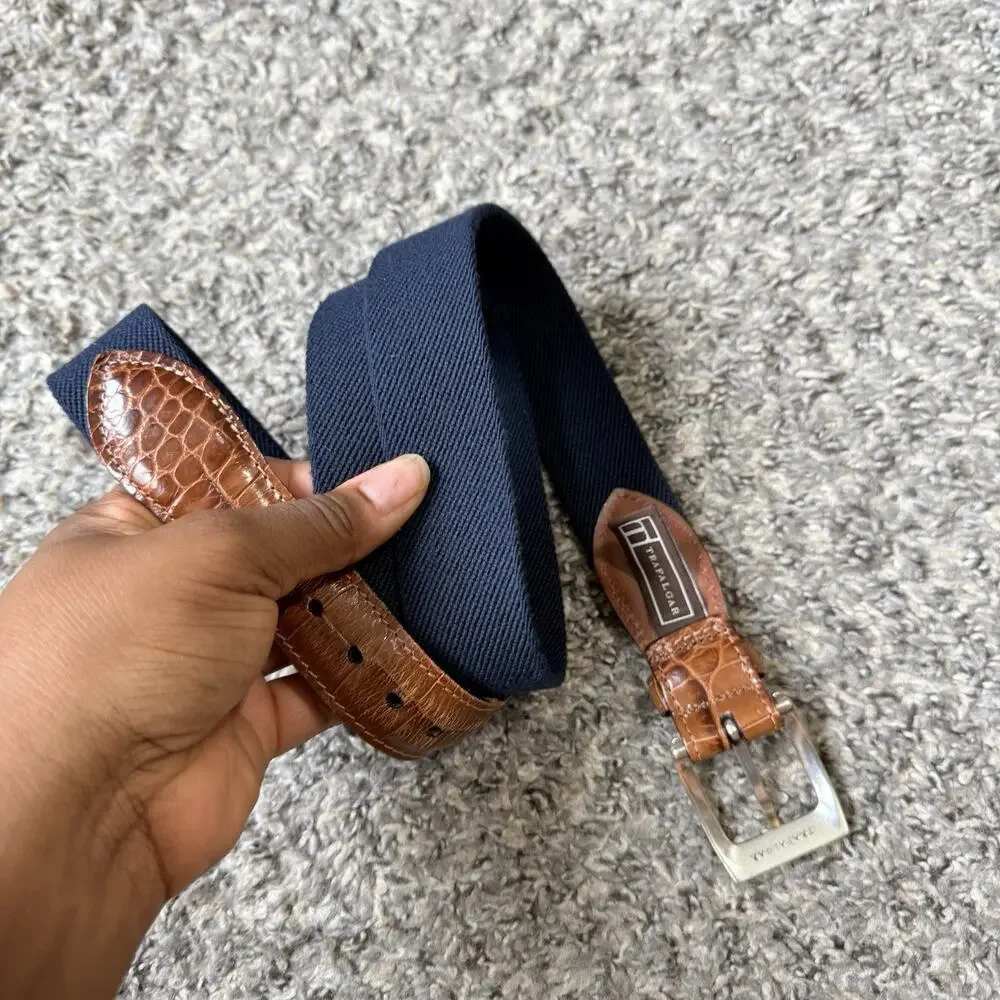 Trafalgar Size 40 Belt Blue Canvas Brown Croc Leather USA Web Golf